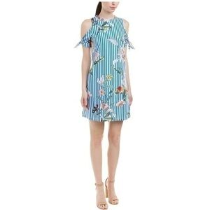 Donna Ricco-Cold Shoulder Floral Stripe Midi Dress Size 8